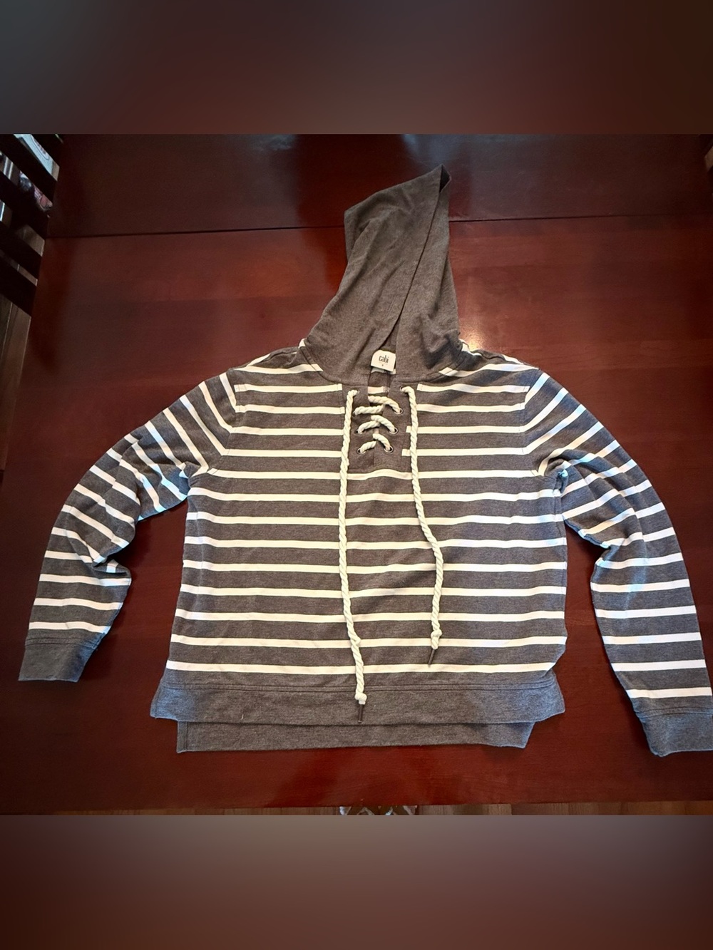 CAbi Gray & White Windward Lace-Up Pullover